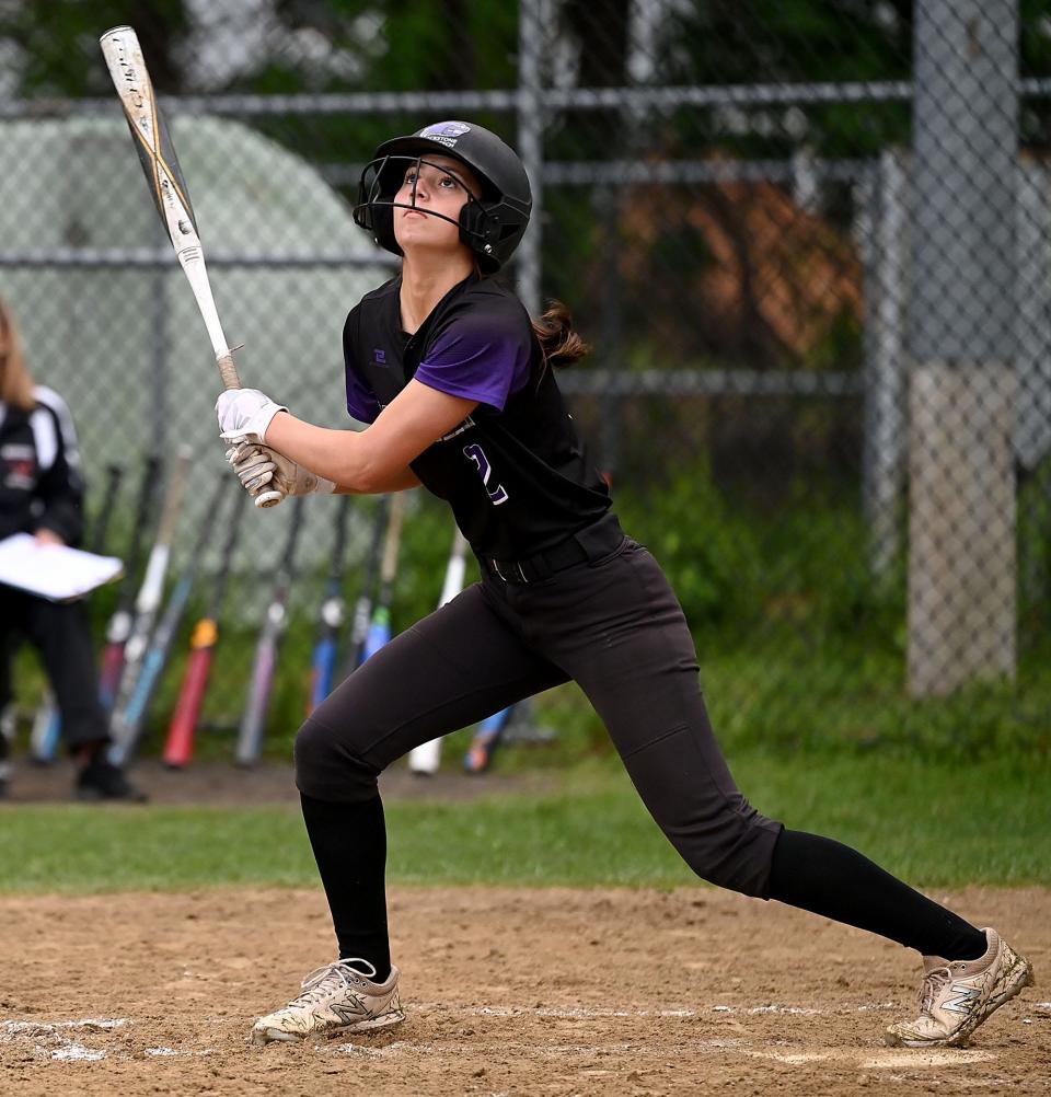 Blackstone Valley Tech's Emma Ballard follows through on a swing during a game against Hudson at Hudson High School on May 19.