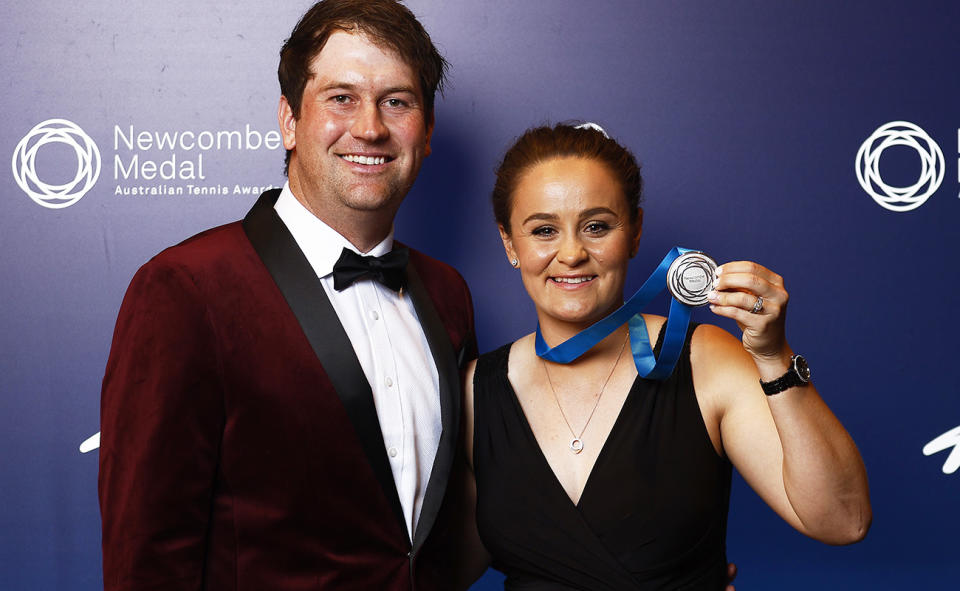 Ash Barty, pictured here with husband Garry Kissick at the 2022 Newcombe Medal ceremony.