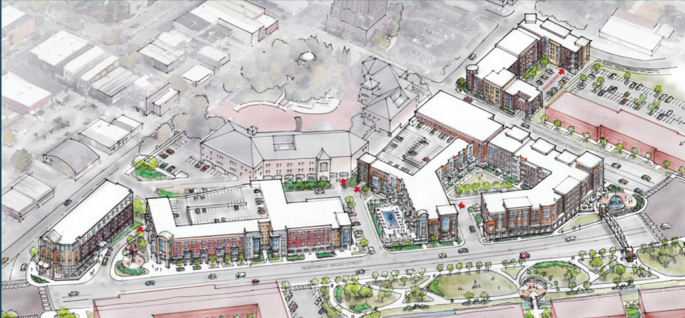 This rendering shows what a proposed mix-use development would resemble around Murfreesboro City Hall in downtown area off Broad and Church streets. The project plans include 239 apartments, 80 to 100 townhomes, hotel with 80 to 150 rooms, ground floor retail spaces that total 30,000 to 40,000 square feet, and two parking garages and on-site parking for 780 automobiles. The project is proposed by Brentwood-based HRP development company with architect Bart Kline with Kline Swinney Associates.