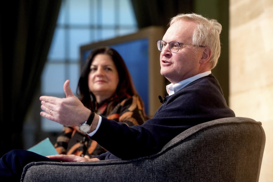 CORRECTS TITLE TO TIKTOK AND BYTEDANCE’S GENERAL COUNSEL- Erich Andersen, general counsel for TikTok and ByteDance, speaks with Associated Press global enterprise editor Indira Lakshmanan at the Verify cybersecurity conference, Friday, March 31, 2023, in Sausalito, Calif. (AP Photo/Noah Berger)