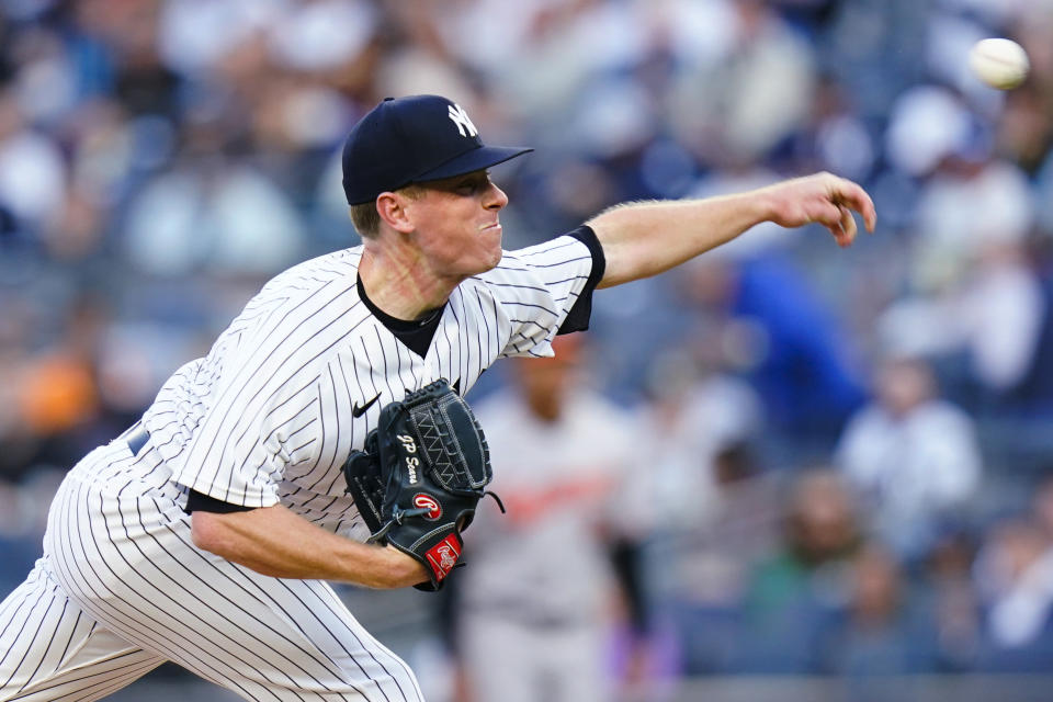 New York Yankees' JP Sears pitches during the first inning of the team's baseball game against the Baltimore Orioles on Wednesday, May 25, 2022, in New York. (AP Photo/Frank Franklin II)