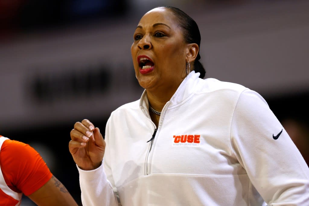 Head coach Felisha Legette-Jack of the Syracuse Orange directs her team during the first half of the game against the NC State Wolfpack at Reynolds Coliseum on February 29, 2024 in Raleigh, North Carolina. (Photo by Lance King/Getty Images)