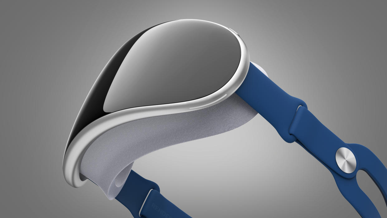  A render of the rumored Apple Reality Pro headset on a grey background 