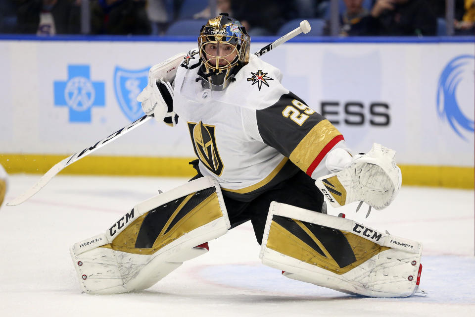 Vegas Golden Knights goalie Marc-Andre Fleury (29) slides across the crease during the first period of an NHL hockey game against the Buffalo Sabres, Tuesday, Jan. 14, 2020, in Buffalo, N.Y. (AP Photo/Jeffrey T. Barnes)