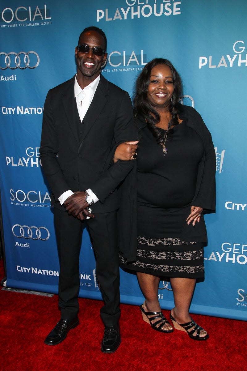 Lanre Idewu , left, and Cynthia Stafford arrive at Backstage At The Geffen Gala on Saturday, March 22, 2014, in Los Angeles.