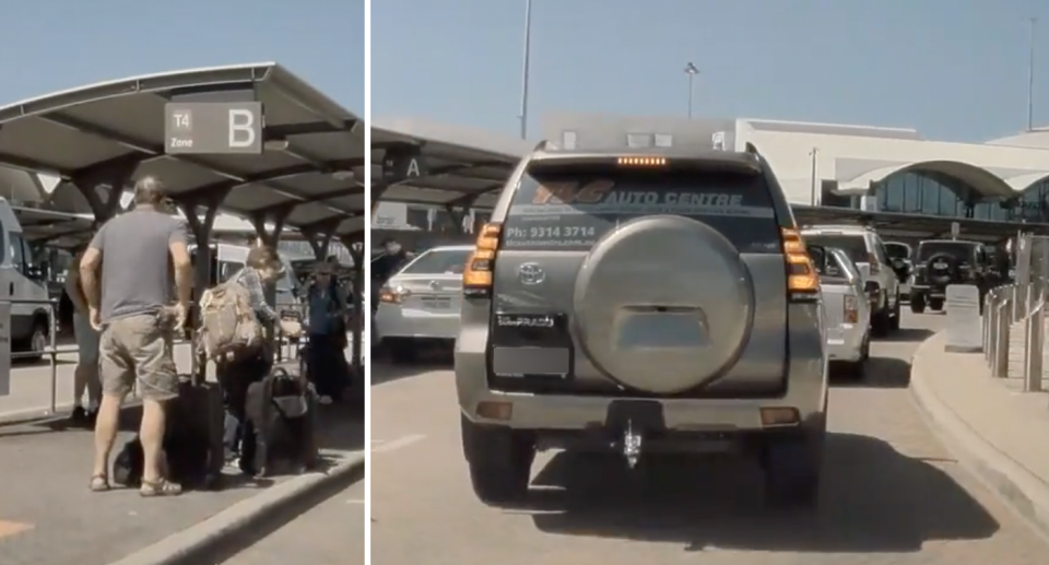 Left, passengers wait in the parking zone with suitcase at Perth Airport. Right, the airport parking rule leaves drivers with only six minutes free time in the express zone, with traffic building up during peak hours. 