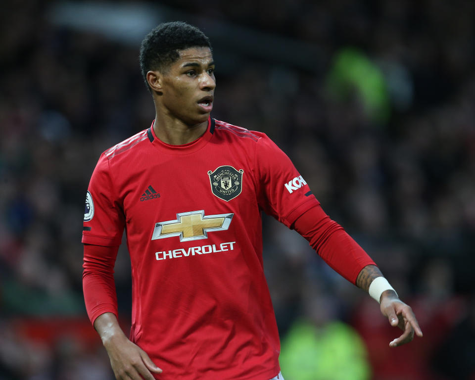 MANCHESTER, ENGLAND - JANUARY 11: Marcus Rashford of Manchester United in action during the Premier League match between Manchester United and Norwich City at Old Trafford on January 11, 2020 in Manchester, United Kingdom. (Photo by Tom Purslow/Manchester United via Getty Images)