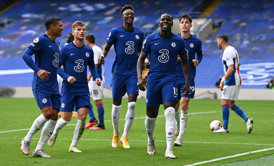 LONDON, ENGLAND - OCTOBER 03: Kurt Zouma of Chelsea celebrates with teammates after scoring his sides second goal during the Premier League match between Chelsea and Crystal Palace at Stamford Bridge on October 03, 2020 in London, England. Sporting stadiums around the UK remain under strict restrictions due to the Coronavirus Pandemic as Government social distancing laws prohibit fans inside venues resulting in games being played behind closed doors. (Photo by Darren Walsh/Chelsea FC via Getty Images)