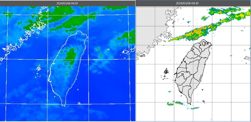 圖：今(6日)晨4：30紅外線色調強化雲圖顯示，鋒面在北部海面(左圖)。4：30雷達回波合成圖亦顯示，鋒面伴隨帶狀降水回波(右圖)。