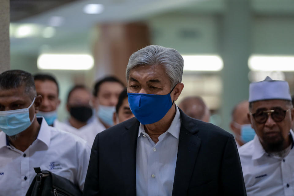 Datuk Seri Ahmad Zahid Hamidi arrives at the Kuala Lumpur High Court in Kuala Lumpur September 21, 2020. — Picture by Ahmad Zamzahuri