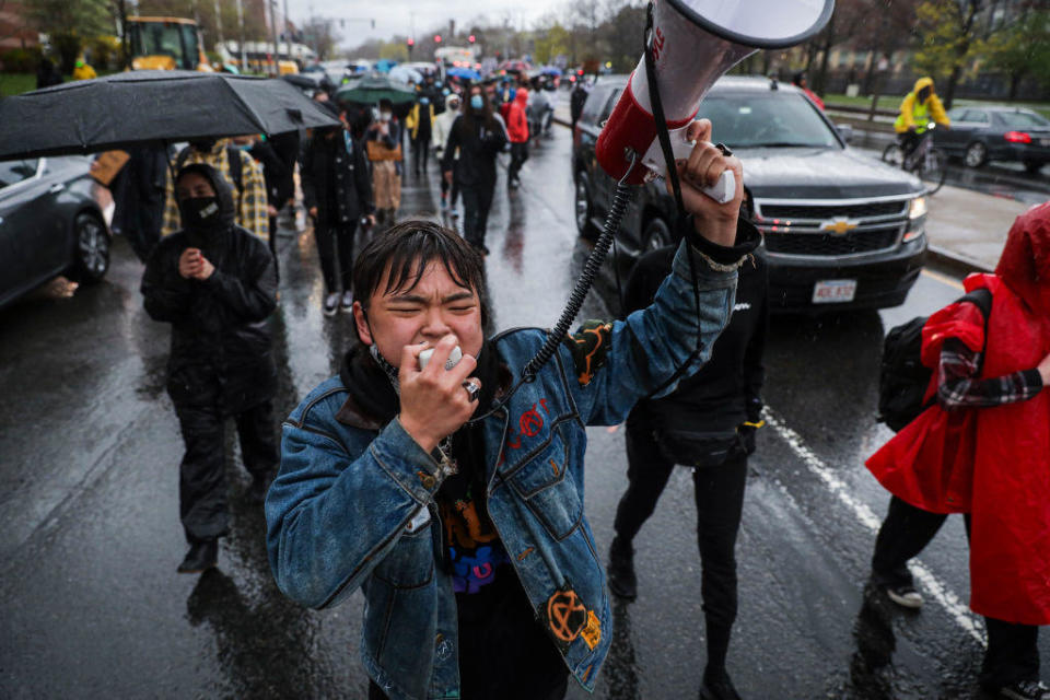 Protesters celebrate the conviction of Derek Chauvin in Boston on April 21, 2021. / Credit: Erin Clark/The Boston Globe via Getty