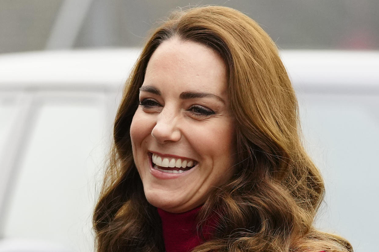 LONDON, UNITED KINGDOM - NOVEMBER 24:  Britain's Catherine, Duchess of Cambridge smiles as she arrives for a visit to Nower Hill High School on November 24, 2021 in London, England. During the visit the Duchess joined a science lesson studying neuroscience and the importance of early childhood development.  (Photo by Kirsty Wigglesworth-WPA Pool/Getty Images)