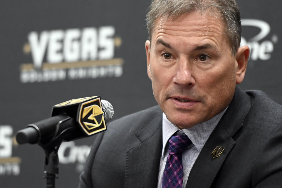 FILE - Vegas Golden Knights head coach Bruce Cassidy speaks during a press conference after an NHL preseason hockey game against the Colorado Avalanche, Sept. 28, 2022, in Las Vegas. The NHL coaching carousel last summer involved the Boston Bruins firing coach Bruce Cassidy and the Vegas Golden Knights doing the same to Peter DeBoer. Cassidy replaced DeBoer in Vegas and DeBoer went to the Dallas Stars. Jim Montgomery had been fired by the Stars three seasons ago for inappropriate conduct but had gotten back into the NHL as an assistant in St. Louis. Montgomery then replaced Cassidy in Boston. All three teams led their respective division at the All-Star break and are on track to make the playoffs. (AP Photo/David Becker, file)