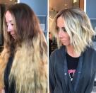 <p>En las imágenes de comparación se puede ver a la amiga de Pastella con el cabello extremadamente corto, rozando su barbilla. Después de su paso por el salón de belleza, la mujer se dirigió a un estudio fotográfico para poder inmortalizar su nueva imagen y, por su puesto, compartirla en las <em><a rel="nofollow noopener" href="https://www.instagram.com/p/BS3pKn1j8Eu/" target="_blank" data-ylk="slk:Instagram;elm:context_link;itc:0;sec:content-canvas" class="link ">Instagram</a></em>. </p>