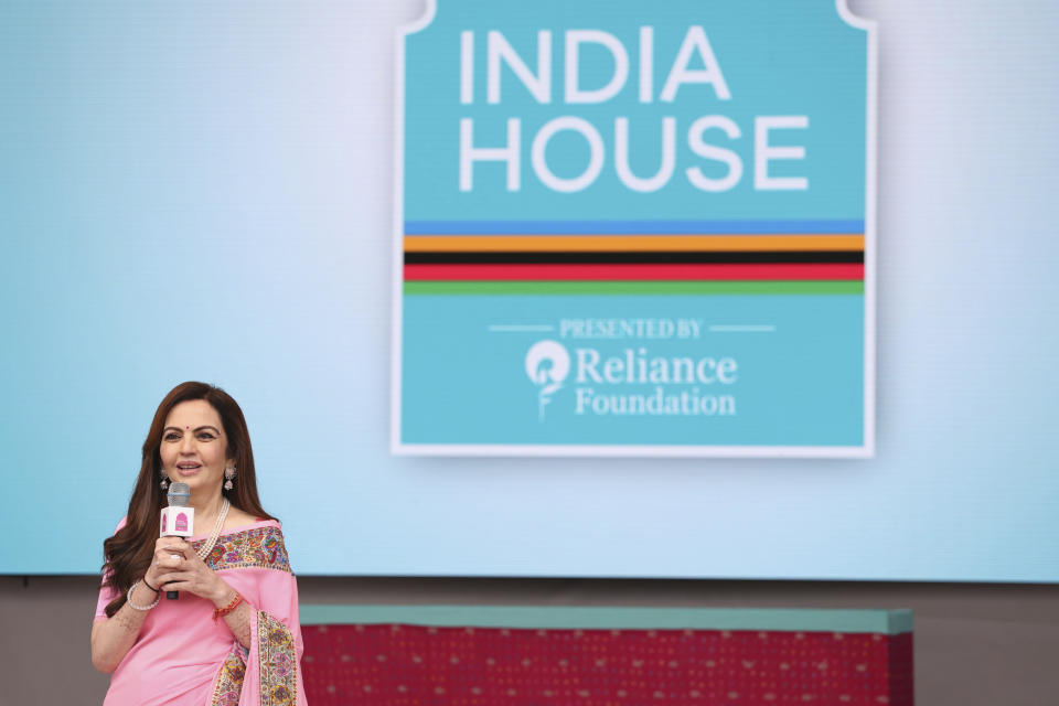 India's Nita Ambani delivers a speech during the inauguration of the Indian House at the 2024 Summer Olympics, Saturday, July 27, 2024, in Paris, France. (AP Photo/Aurelien Morissard)