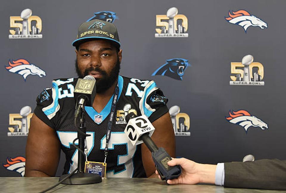 File:  Tackle Michael Oher #73 of the Carolina Panther addresses the media prior to Super Bowl 50 at the San Jose Convention Center/ San Jose Marriott on 2 February 2016 (Getty Images)