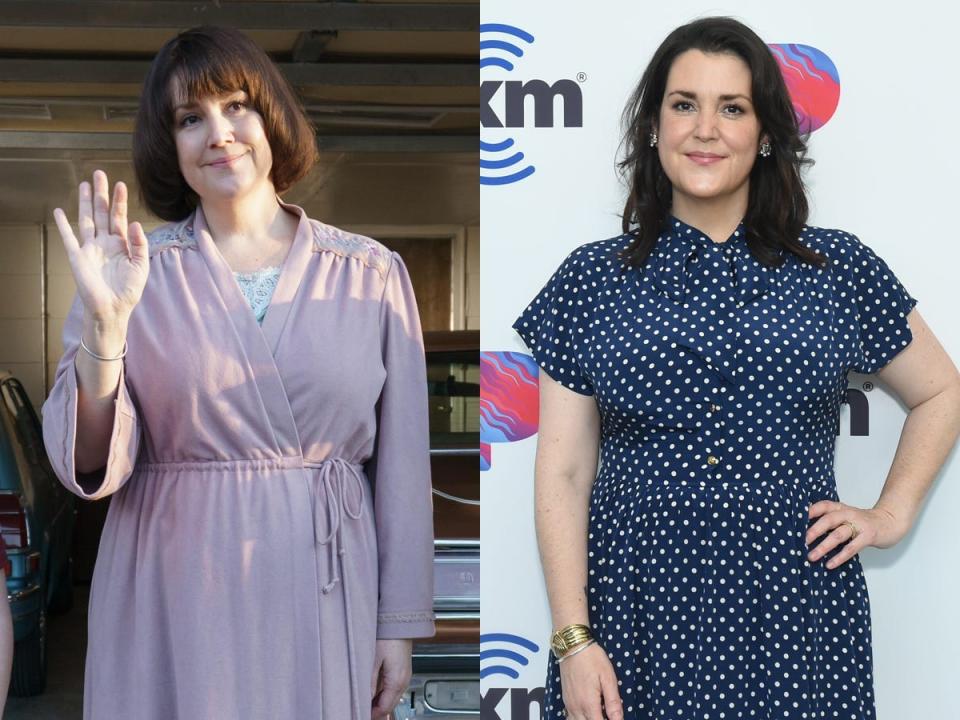 Melanie Lynskey as Betty Gore on Hulu's "Candy," left; right, in 2022.