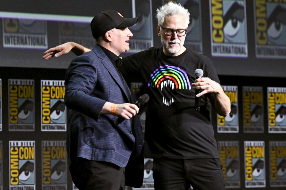 President of Marvel Studios Kevin Feige and James Gunn speak onstage during the Marvel Studios panel in Hall H at the 2022 Comic-Con International held at the San Diego Convention Center on July 23, 2022 in San Diego, California.