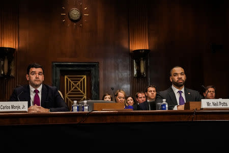 Carlos Monje, Jr., Twitter director of Public Policy and Philanthropy for U.S. & Canada and Facebook policy director Neil Potts testify before a Senate Judiciary Constitution Subcommittee hearing titled "Stifling Free Speech: Technological Censorship and the Public Discourse." on Capitol Hill in Washington, U.S., April 10, 2019. REUTERS/Jeenah Moon