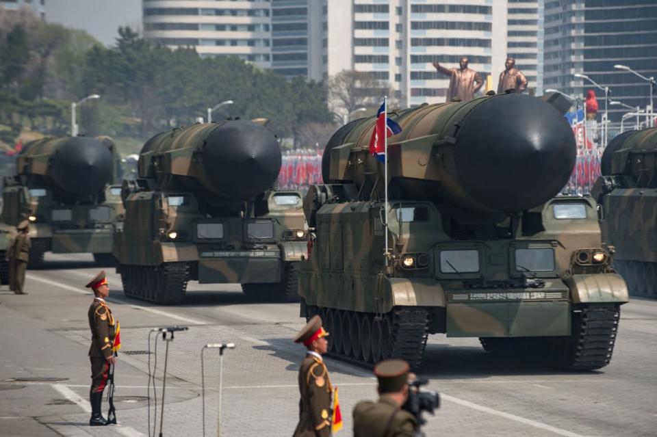 <div class="inline-image__caption"><p>An unidentified rocket is displayed during a military parade marking the 105th anniversary of the birth of late North Korean leader Kim Il-Sung in Pyongyang on April 15, 2017.</p></div> <div class="inline-image__credit">ED JONES/Getty</div>