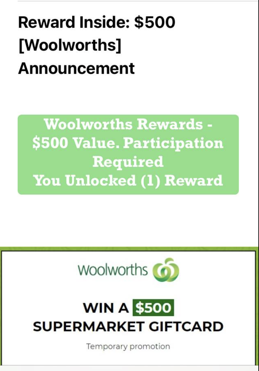 A scam email appearing to be from Woolworths. 