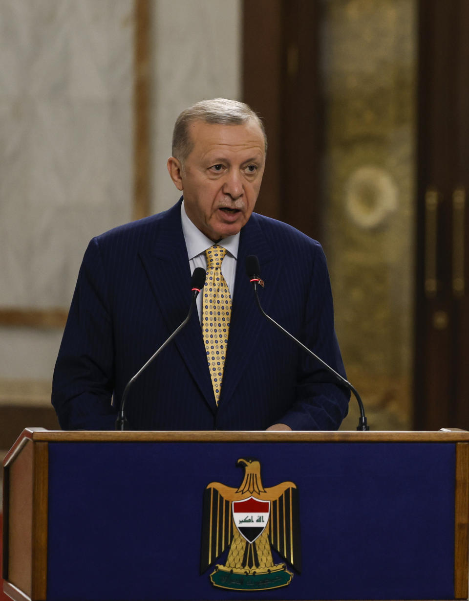 Turkish President Recep Tayyip Erdogan, speaks during a press conference, in Baghdad, Iraq, Monday, April 22, 2024. Erdogan arrived in Iraq on Monday for his first official visit in more than a decade. (Thaier Al-Sudani/Pool Photo via AP)