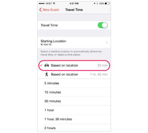 Travel Time screen in iPhone Calendar app
