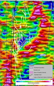 FALCON® vertical gravity gradient image highlighting the gravity low associated with outcrop of gold mineralized granite. The Leven Star deposit is parallel to and lies on the edge of a major gravity gradient.