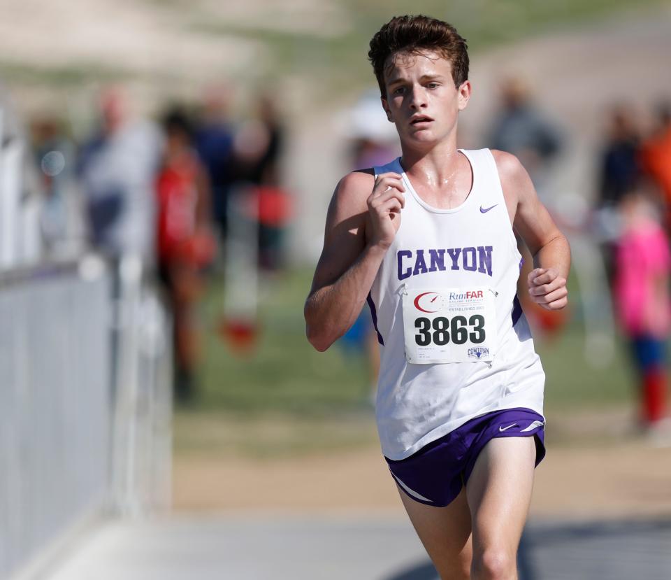 Canyon’s Lewter Lathan (3863) came in second place. 	Athletes compete in the Lubbock Independent School District cross country Invitational, Saturday, Sept. 17, 2022, at Mae Simmons Park. 