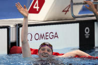 Lydia Jacoby of the United States waves after winning the final of the women's 100-meter breaststroke at the 2020 Summer Olympics, Tuesday, July 27, 2021, in Tokyo, Japan. (AP Photo/Matthias Schrader)