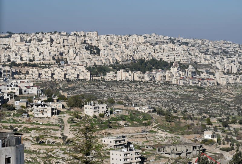 The Israeli settlement of Har Homa is seen overlooking the biblical town of Bethlehem, West Bank, on Dec. 18, 2023. On Thursday, the Biden administration announced sanctions against four extremist Israeli settlers accused of being behind violence targeting Palestinians in the West Bank. Photo by Debbie Hill/ UPI