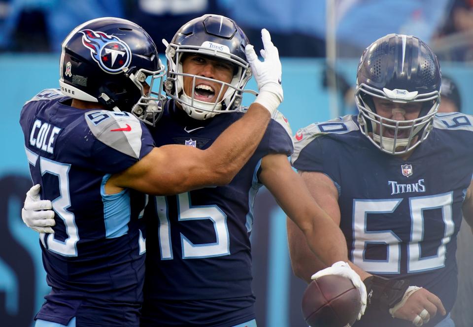 Tennessee Titans wide receiver Nick Westbrook-Ikhine (15) celebrates his touch down during the third quarter at Nissan Stadium Sunday, Nov. 13, 2022, in Nashville, Tenn. 