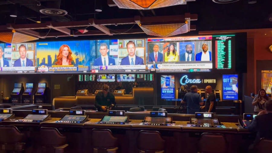 An overview from outside the seating area shows the new Circa Sports sportsbook at Silverton Casino Lodge. (Greg Haas / 8NewsNow)