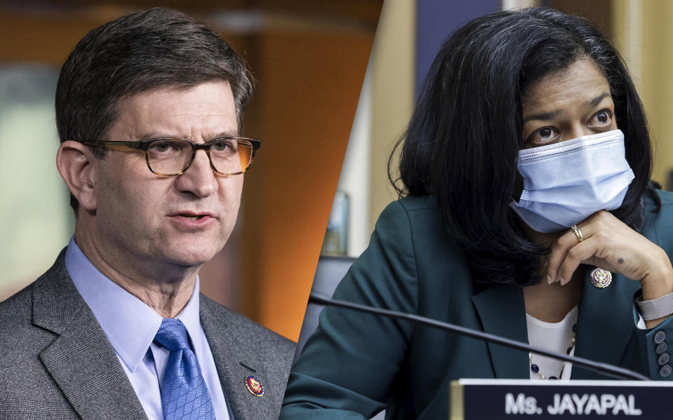 Rep. Brad Schneider (D-IL)  and Pramila Jayapal (D-WA). (Samuel Corum/Getty Images, Gaeme Jennings/Pool/AFP via Getty Images)