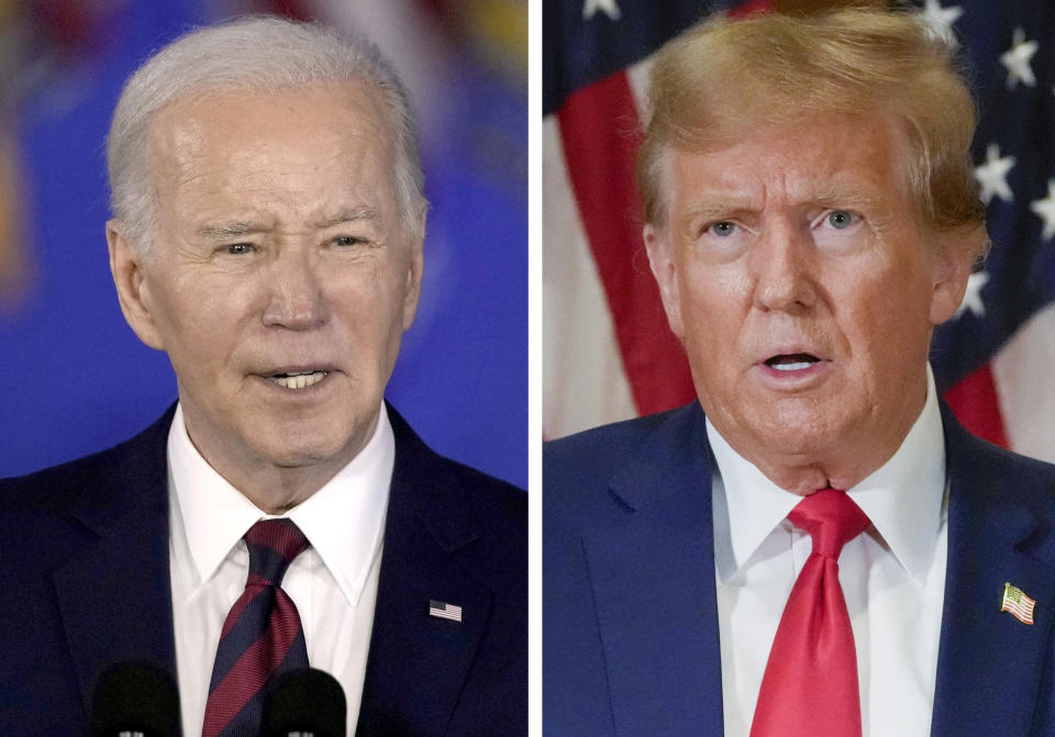 In this combination photo, President Joe Biden speaks in Milwaukee, March 13, 2024, left, and former President Donald Trump speaks in New York, Jan. 11, 2024. Voters in Wisconsin, New York, Connecticut and Rhode Island will weigh in Tuesday, April 2, on their parties' presidential nominees, a largely symbolic vote now that both Biden and Trump have locked up the Democratic and Republican nominations. (AP Photo)