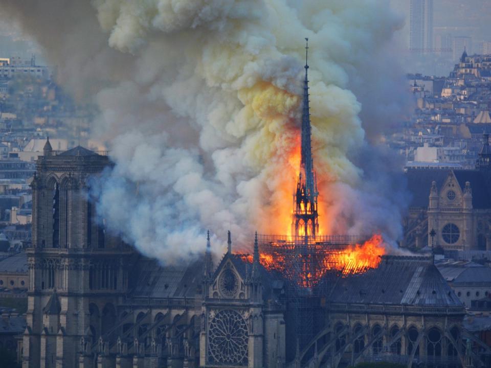 Notre-Dame cathedral engulfed in flames in April 2019 (Hubert Hitier/Getty)