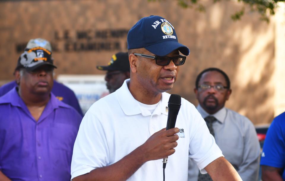 Palm Bay City Council Member Randy Foster speaks during a 2019 press conference about the death of U.S. Army combat veteran Gregory Lloyd Edwards outside the Brevard County Medical Examiner's Office in Rockledge.