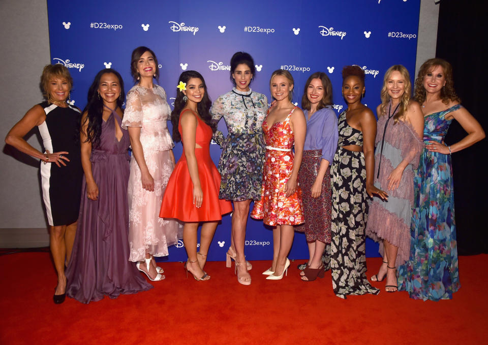 <p>Disney gathered the voices behind some of its greatest princess movies for a special scene in the <em>Wreck-It Ralph 2, </em>including Paige O’Hara (Belle), Irene Bedard (Pocahontas), Mandy Moore (Rapunzel), Auli’i Cravalho (Moana), Sarah Silverman (Vanellope von Schweetz), Kristen Bell (Anna), Kelly Macdonald (Merida), Anika Noni Rose (Tiana), Linda Larkin (Jasmine), and Jodi Benson (Ariel) (Photo: Getty Images for Disney) </p>