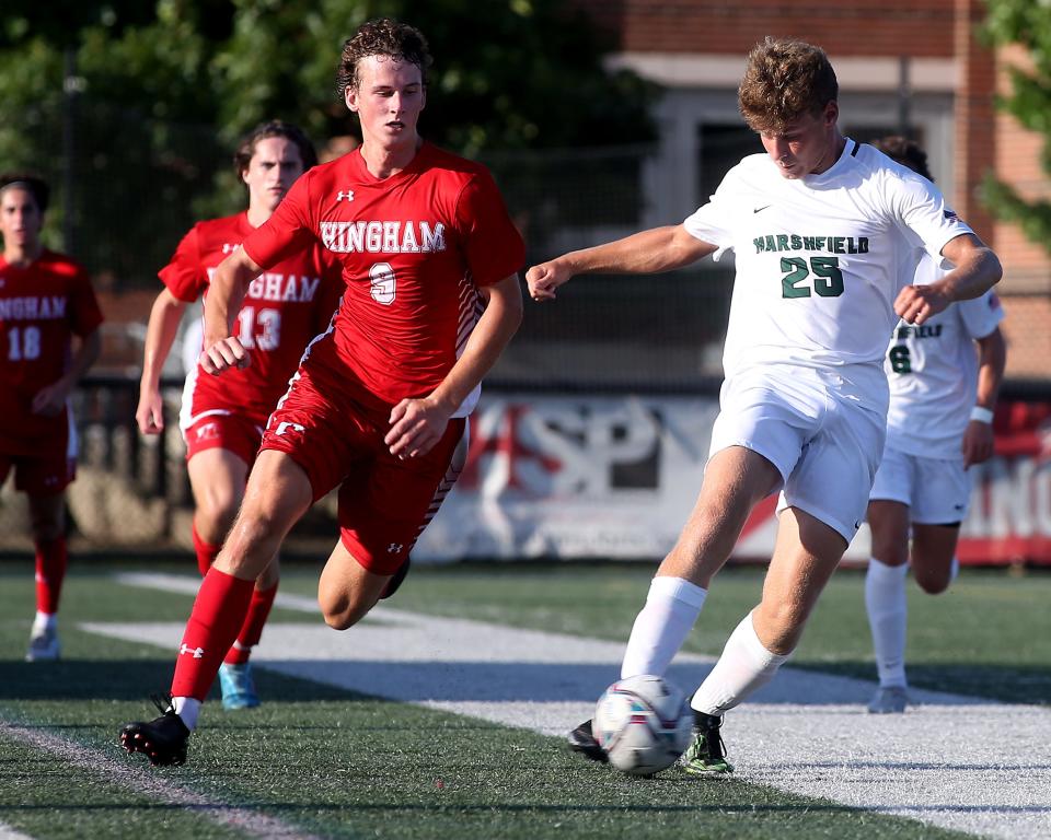 Marshfield's Dolan Healy looks to get the ball away from Hingham's Aidan Brazel during second half action of their game against Hingham at Hingham High on Tuesday, Sept. 13, 2022.