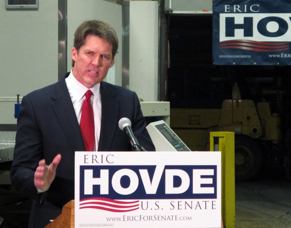 FILE - In this March 8, 2012 photo, Republican hedge fund manager Eric Hovde of Madison announces his candidacy for the U.S. Senate, in Dane, Wisc. Seemingly out of nowhere, a trio of wealthy political neophytes has roiled Republican Senate primary races taking place this month, dipping into their personal fortunes to highlight their business backgrounds, cast their opponents as career politicians and draw within striking distance of a victory few saw coming just a few weeks ago. (AP Photo/Scott Bauer)