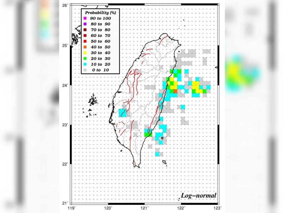 中央氣象署網站公布「10年內發生規模6.0地震」之機率分布。（圖：中央氣象署網站）