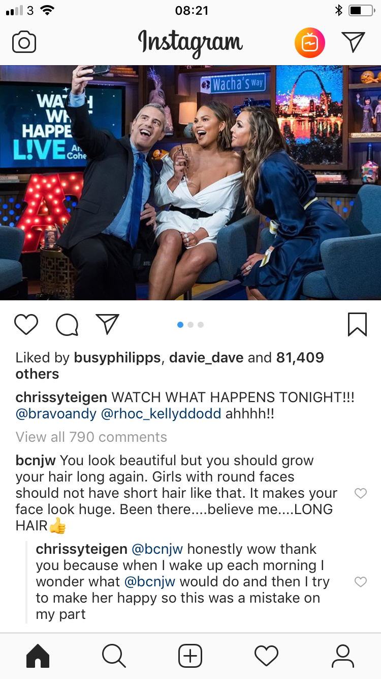 Teigen fired back at the insulting remark. (Photo: Chrissy Teigen via Instagram)