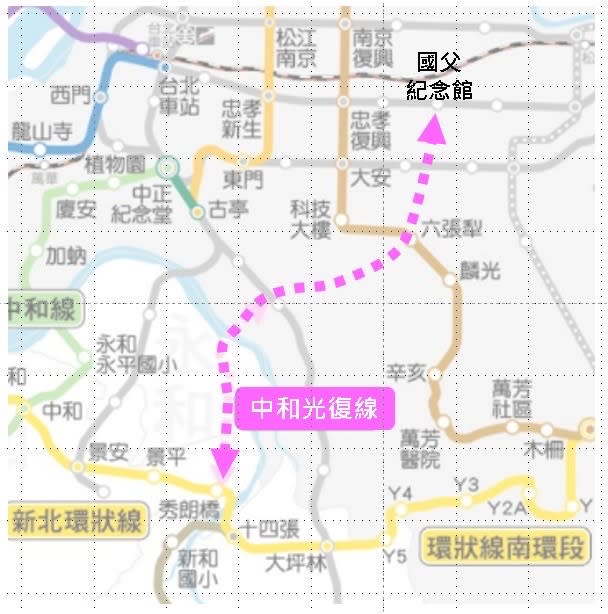 雙北達成共識，捷運中和公館線將延伸至國父紀念館為「中和光復線」，路網方案已送交通部。中和光復線概圖。（圖＼新北市政府捷運工程局提供）