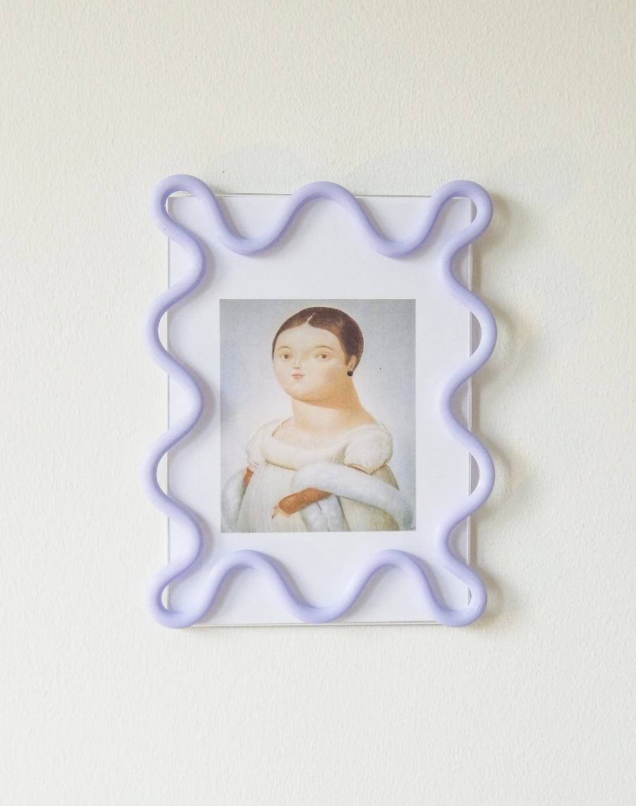 white and purple Squiggle Frame with renaissance woman in picture (photo via Etsy)