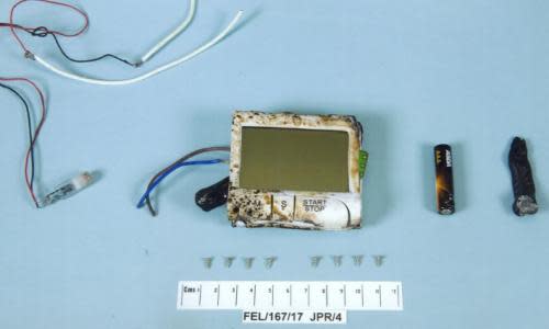 Device components recovered from the explosive device left by Ahmed Hassan on a tube train.