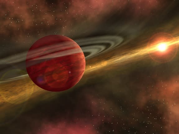 An artist's conception of a young planet in a distant orbit around its host star. The star still harbors a debris disk, remnant material from star and planet formation, interior to the planet's orbit.