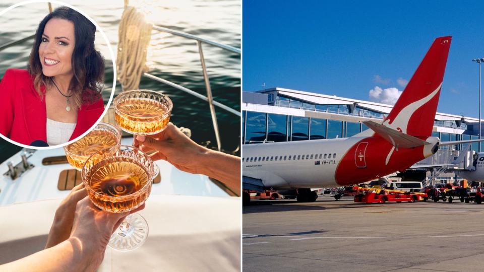 Compilation image of champagne glasses together on a boat, a Qantas airplane and Nicole Pedersen-McKinnon headshot inset to represent her talking about travel insurance