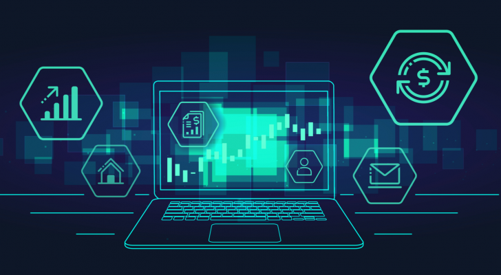 An image of a laptop with financial icons coming off the screen; graph, mail, house, money; tech stocks