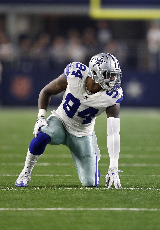 Dallas Cowboys’ Randy Gregory lines up against the Detroit Lions during an NFL football game, Monday, Dec. 26, 2016, in Arlington, Texas. (AP Photo/Brandon Wade)
