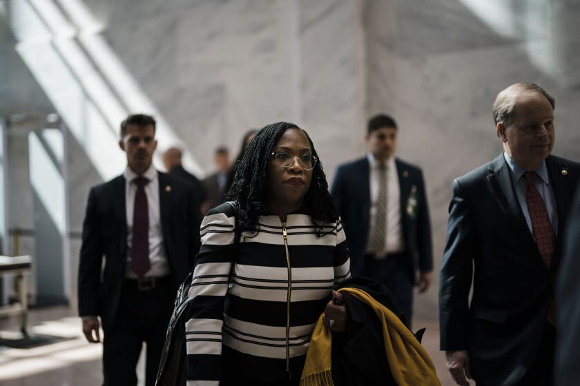 WASHINGTON, DC - MARCH 08: Supreme Court nominee Ketanji Brown Jackson arrives for a meeting with Sen. Mazie Hirono (D-HI), not pictured, at Hirono's office on Capitol Hill on Tuesday, March 8, 2022 in Washington, DC. Supreme Court nominee Ketanji Brown Jackson continues to meet with Senate members on Capitol Hill ahead of her confirmation hearings. (Kent Nishimura / Los Angeles Times)